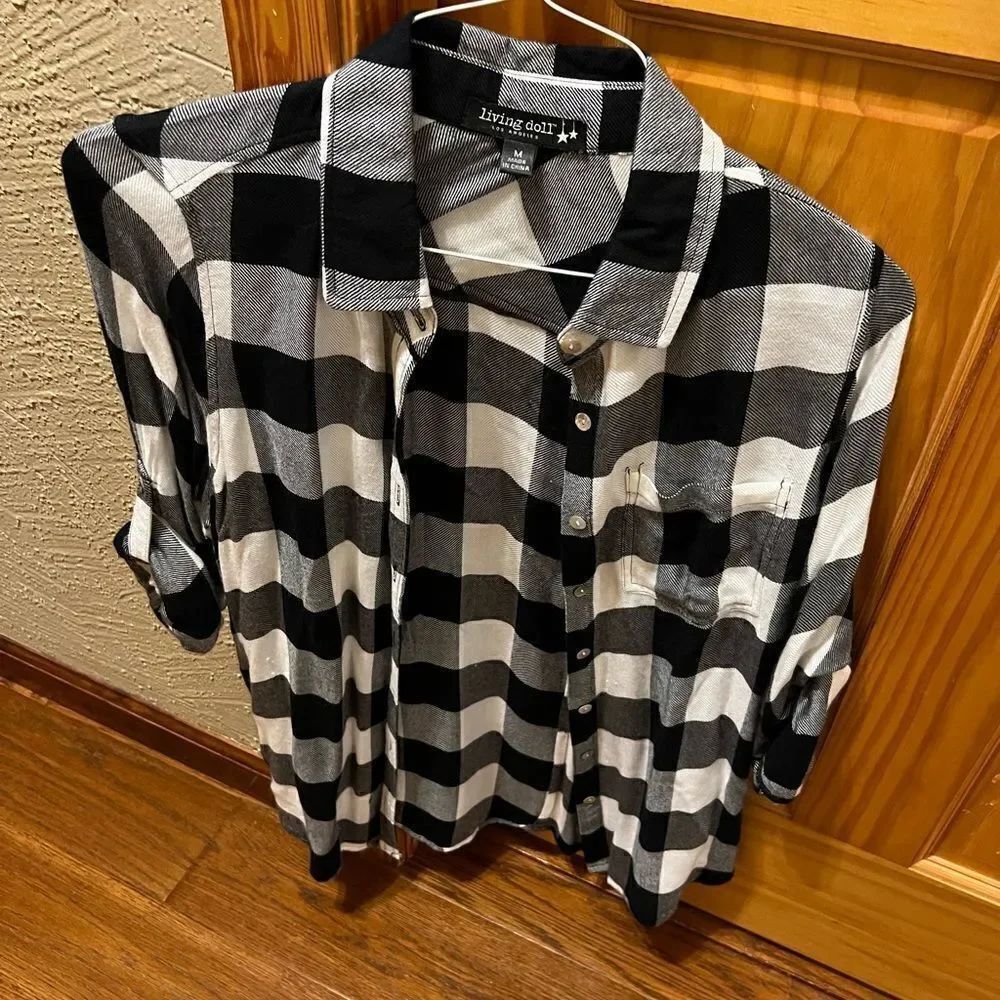 Living Doll size medium black/white plaid button down shirt w/iridescent buttons